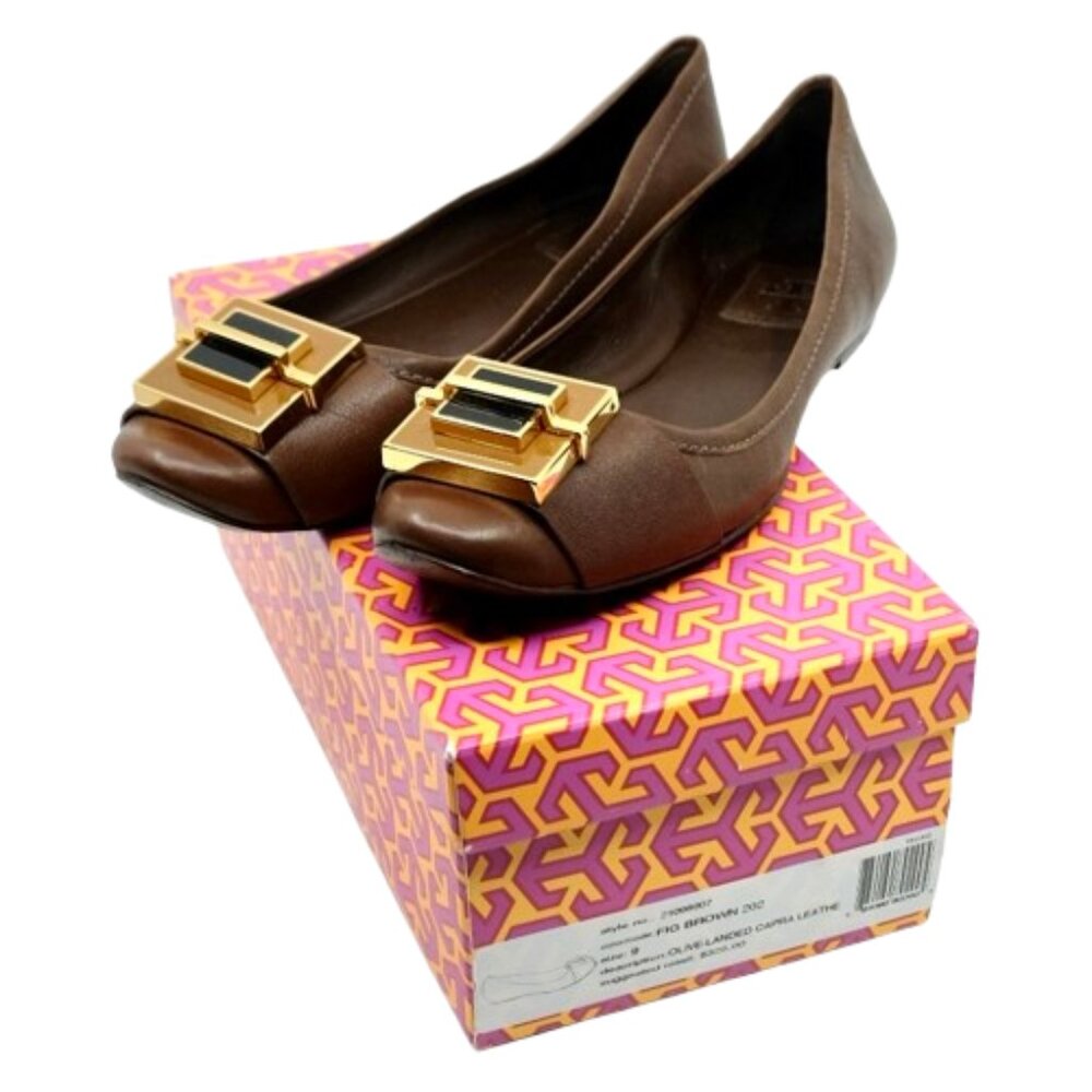 TORY BURCH~CAPRA LEATHER BALLET FLATS SHOES FIG BROWN IOB Sz 9